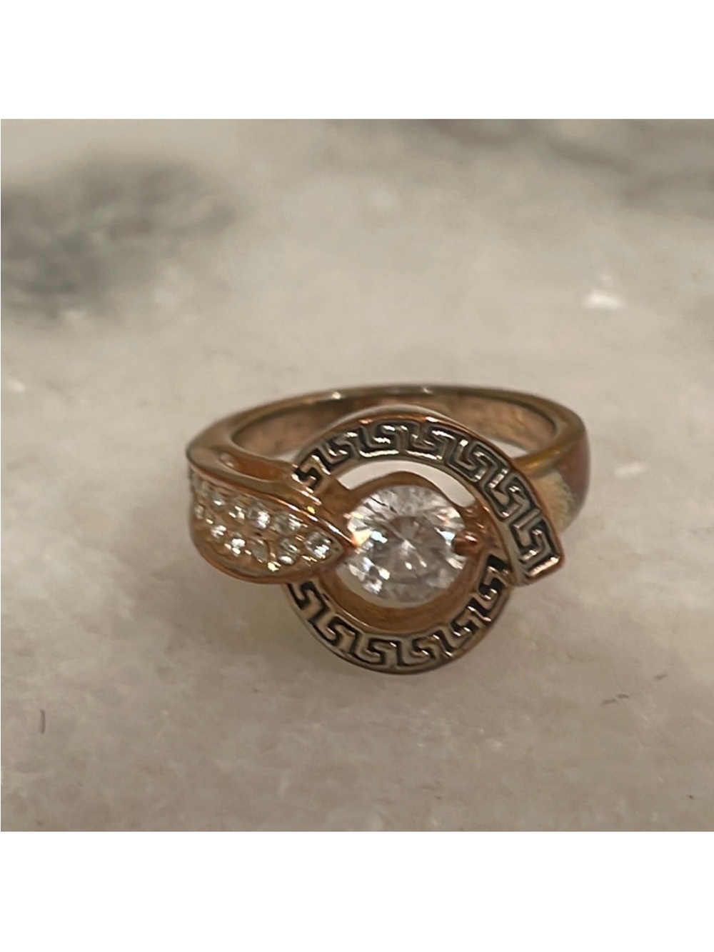 Gold-Tone Crystal Ring with Greek Key Accent Size 7